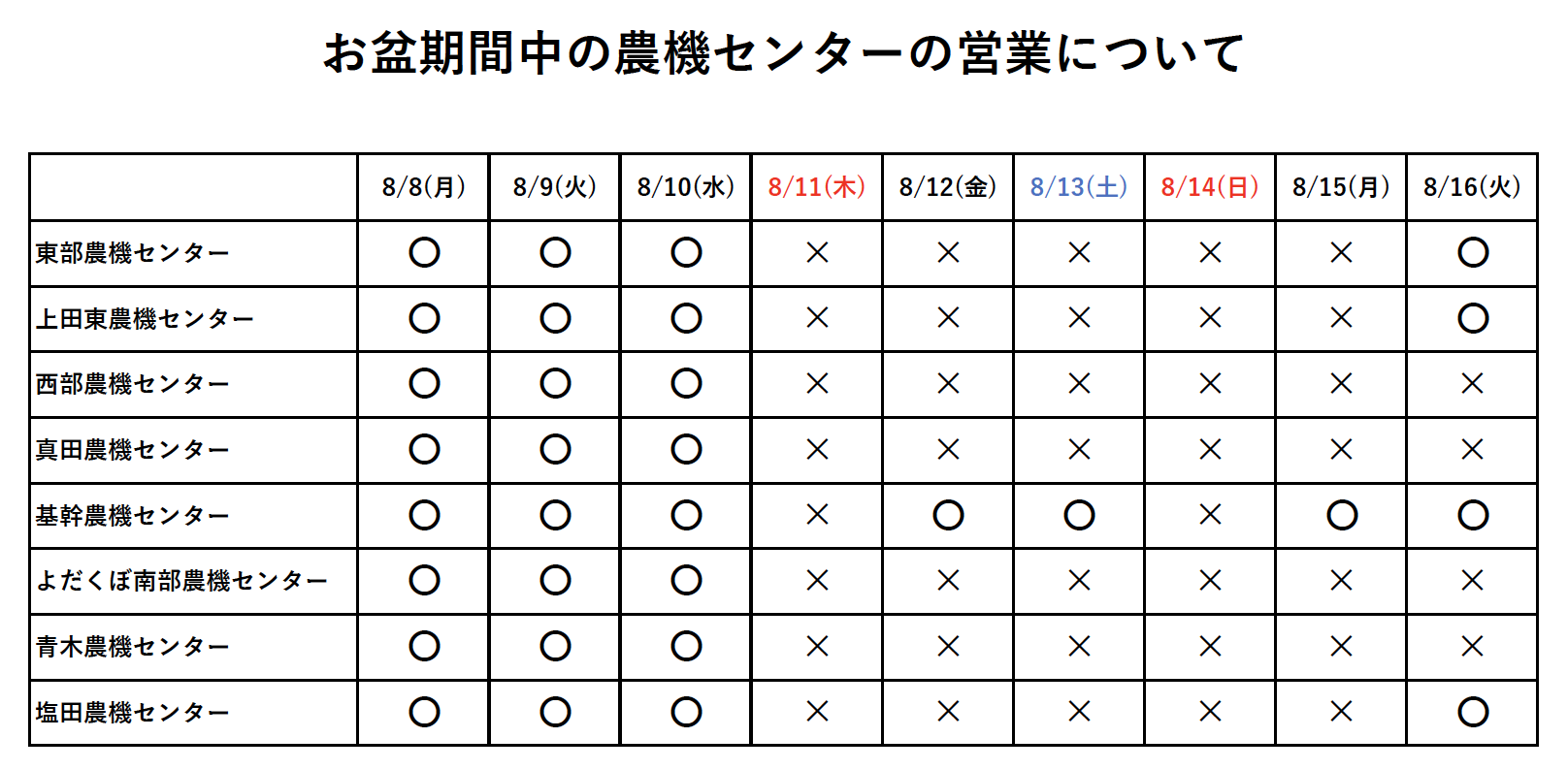 お盆期間中の農機センター営業について